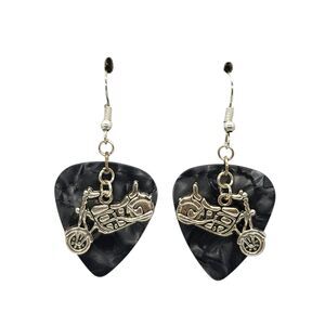 Motorcycle Biker Charm on Guitar Pick Earrings - Choose Color - Handmade in USA